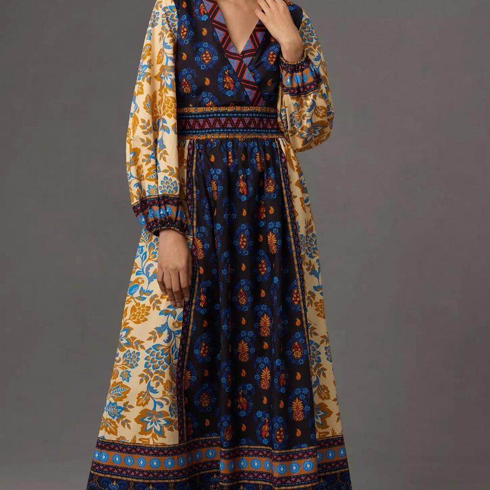 Farm Rio Long-Sleeve V-Neck Printed Midi Dress